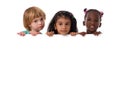 Group of multiracial kids portrait with white board.Isolated