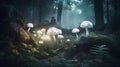 a group of mushrooms in a forest with a full moon in the sky above them and a person standing in the middle of the mushrooms