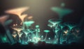 a group of mushrooms that are glowing in the dark night sky with lights coming out of the tops of them and glowing on the ground