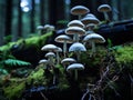 a group of mushrooms growing on mossy log
