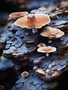 a group of mushrooms growing on a piece of wood