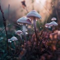 A group of mushrooms sitting on top of a lush green field. AI generative image. Royalty Free Stock Photo