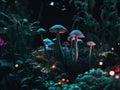 A group of mushrooms sitting on top of a lush green field. AI generative image. Royalty Free Stock Photo