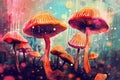 A group of mushrooms sitting on top of a lush green field. Generative AI image. Royalty Free Stock Photo