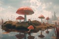 A group of mushrooms sitting on top of a lush green field. Generative AI image. Royalty Free Stock Photo