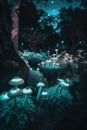 A group of mushrooms sitting on top of a lush green field. Generative AI image. Royalty Free Stock Photo