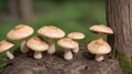 A Group Of Mushrooms Sitting On A Tree Stump Royalty Free Stock Photo