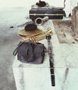 Group musical instrument trumpet old caretine cymbals saxophone background musical instrument vintage jazz.