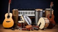 a group of musical instruments including a guitar, drum, keyboard, tambourine. generative ai Royalty Free Stock Photo