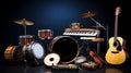 a group of musical instruments including a guitar, drum, keyboard, tambourine. generative ai Royalty Free Stock Photo