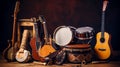 a group of musical instruments including a guitar, drum, keyboard, tambourine. generative ai Royalty Free Stock Photo