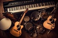 Group of musical instruments including a guitar, drum, keyboard, tambourine. Top view Royalty Free Stock Photo