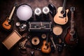 Group of musical instruments including a guitar, drum, keyboard, tambourine. Top view Royalty Free Stock Photo