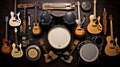 Group of musical instruments including a guitar, drum, keyboard, tambourine. Top view Royalty Free Stock Photo