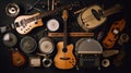 Group of musical instruments including a guitar, drum, keyboard, tambourine. Top view Royalty Free Stock Photo