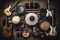 Group of musical instruments including a guitar, drum, keyboard, tambourine. Top view