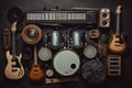 Group of musical instruments including a guitar, drum, keyboard, tambourine. Top view Royalty Free Stock Photo