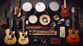 Group of musical instruments including a guitar, drum, keyboard, tambourine. Top view Royalty Free Stock Photo