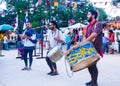 Group of musicians cheering the audience during a replica of a Portuguese medieval festival Royalty Free Stock Photo