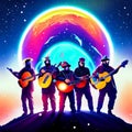 Group of musicians on the road in the moonlight. Vector illustration. AI Generated