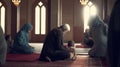Group, muslim family praying in mosque to god, islamic traditional arabic religion. AI generated.
