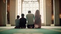 Group, muslim family praying in mosque to god, islamic traditional arabic religion. AI generated.