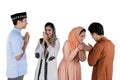 Muslim people give greets hand on studio