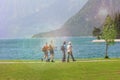 Group of people in the nature nordic walking. Sun glare effect Royalty Free Stock Photo
