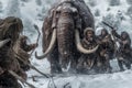 group of neanderthal cavemen hunting a mammoth on winter, snow and cold climate, stone age humans