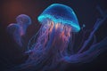 Group of neon jellyfish underwater