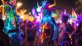 A group of neon stilt walkers dressed as whimsical creatures delight the crowd with their playful antics