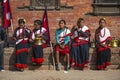 A group of Nepali girls sit on step , Dasain Festival , Kathmandu , Nepal