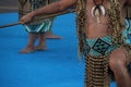 Group of New Zealand Maori folk dancers performing in an outdoor festival. Royalty Free Stock Photo