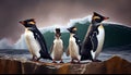 Group of northern rockhopper penguins with menacing gaze and spread wings standing on the rocks and looking forward