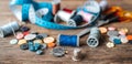 Group of objects about Sewing equipment set on a wooden background. Sewing and tailoring concept. Royalty Free Stock Photo