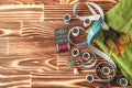 Group of objects about Sewing equipment set on a wooden background. Sewing and tailoring concept. Royalty Free Stock Photo