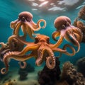 A group of octopuses dancing in unison underwater, creating a mesmerizing display of colors1