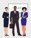 A group of office workers. Full-length pop art figurines. Black, Asian and White