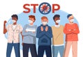 Group og guys in protective medical masks gesturing stop signs to spreading virus, stop epidemy