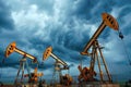 group of oil pumps shot under stormy sky Royalty Free Stock Photo