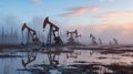 A group of oil wells are in a field with a foggy sky