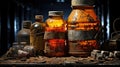 A group of luminous old bottles and jars sitting on a table, AI Royalty Free Stock Photo