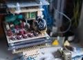 A group of old capacitors on a circuit board Royalty Free Stock Photo