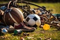 Group of old footballs, soccer balls and other sports equipment on grass, A close-up of sports equipment strewn across a field Royalty Free Stock Photo