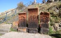 Group of Old Khachkar Armenian Cross-stones beside the stairs up to Sevanavank Monastery, Sevan Peninsula in Armenia