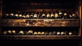 Group of old wine bottles on the shelves of ancient cellar. Vinery concept. Front view. Generative AI
