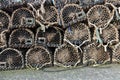 Group of old wooden lobster traps stacked on wharf Royalty Free Stock Photo