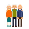 Group older people. Three aged people stand. Elderly men and women stand together and hug each other. Illustration isolated on