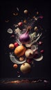 Group of Onions Vegetable Creatively Falling-Dripping Flying or Splashing on Black Background AI Generative