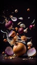 Group of Onions Vegetable Creatively Falling-Dripping Flying or Splashing on Black Background AI Generative